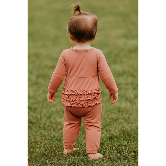 RuffleButts Toddler Girls Romper Jumpsuit 2T Pink Coral Ruffle Bum Long Sleeve - Picture 1 of 10